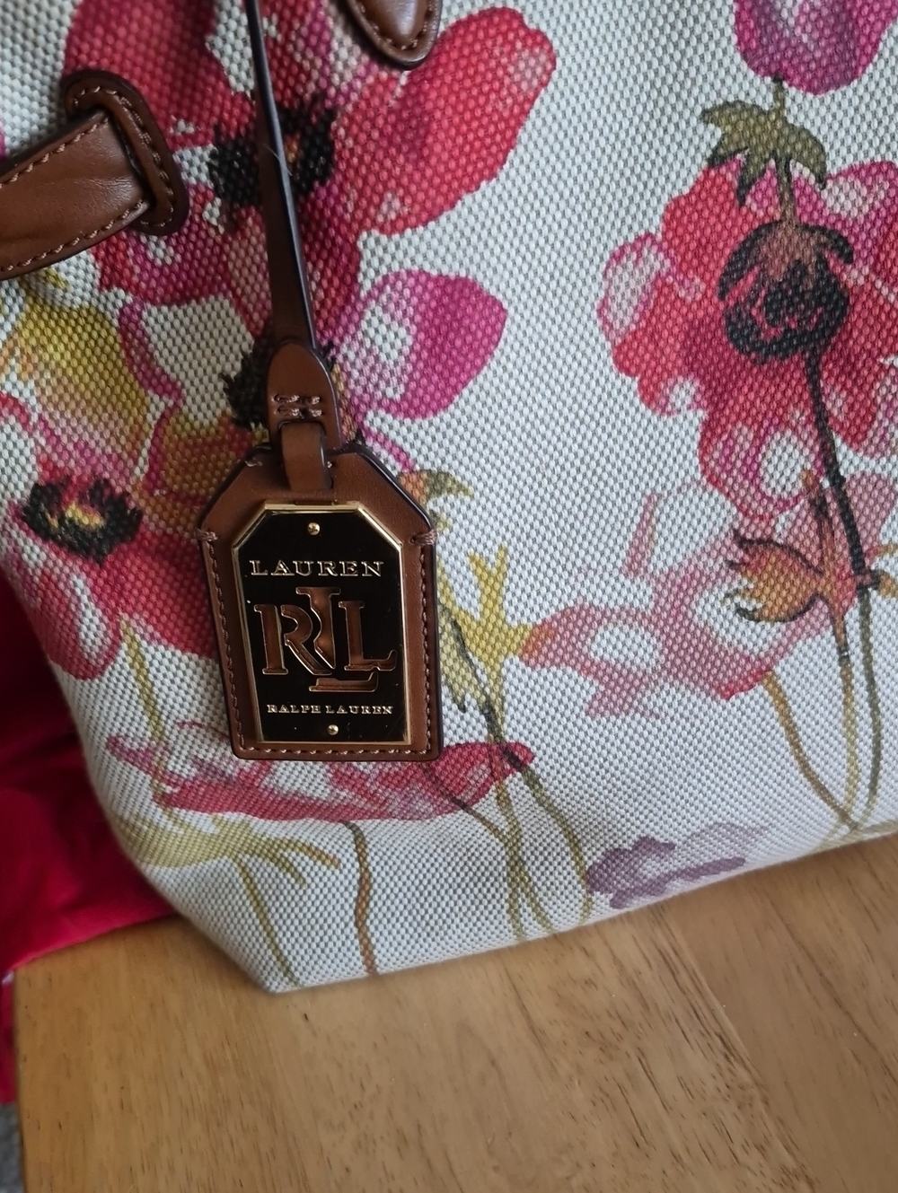 Ralph Lauren-Floral Canvas Tote with Brown Leather Trim - Pink Floral - Picture 2 of 13